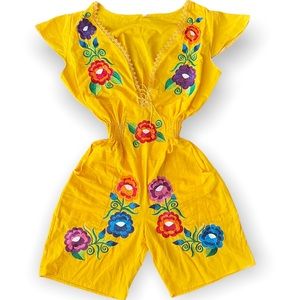 Mexican embroidered floral Bermuda romper v-neck linen cotton beach summer boho
